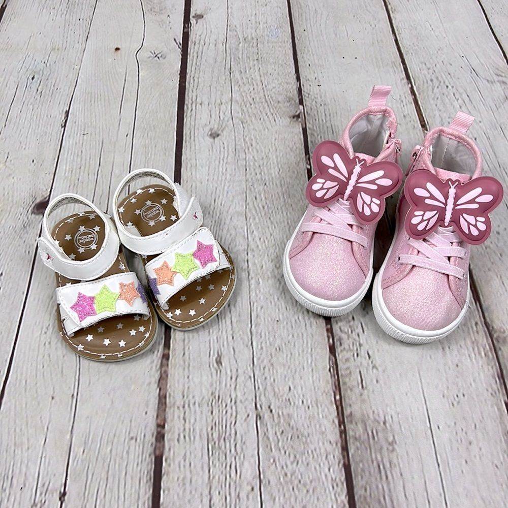 2 pairs. White sandals size 3. Pink w/butterfly sneakers size 4